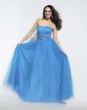 Pretty A-line Bodenlangen Blauen Tüll Abendkleid Lange Trägerlosen Abendkleid Formales Kleid Backless Vestido De Festa Kristalle F933