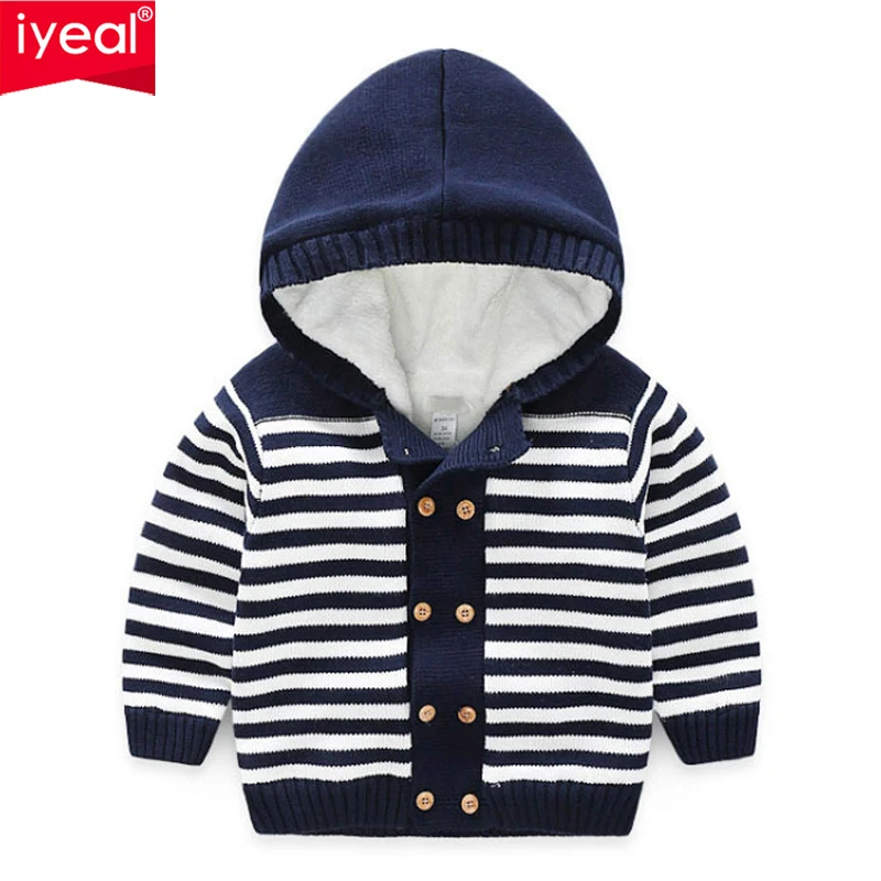 

IYEAL Boys Girls Sweaters Cotton Long Sleeve Striped Hooded Baby Kids Sweaters Soft Warm Winter Outwear For Children 1-4 Years