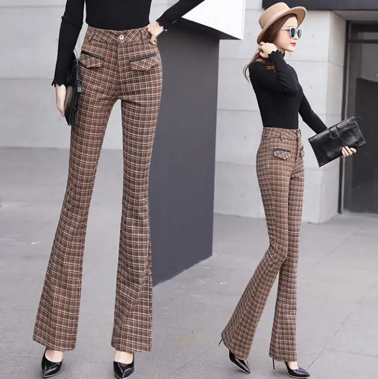 Sz S 2XL Women's Capris Skinny Wool Blend Pants Checks Bell Bottom ...