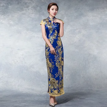 

New Style Blue Chinese Women Dress Showing Clothing Large Size Vintage Flower Qipao 3XL 4XL Elegant Short Sleeve Cheongsam