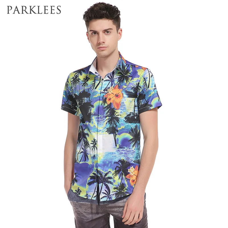Blue Coconut Tree Print Beach Shirts Men 2017 Brand New Short Sleeve ...