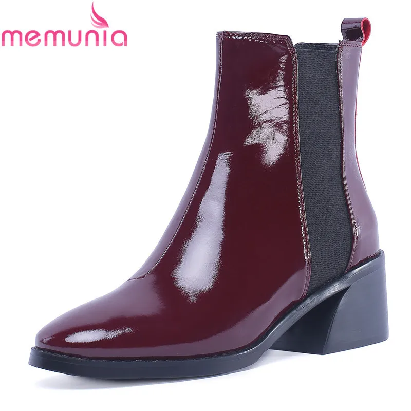 

MEMUNIA 2018 new arrival patent leather boots wine red black round toe slip on ankle boots simple thick heels women dress shoes