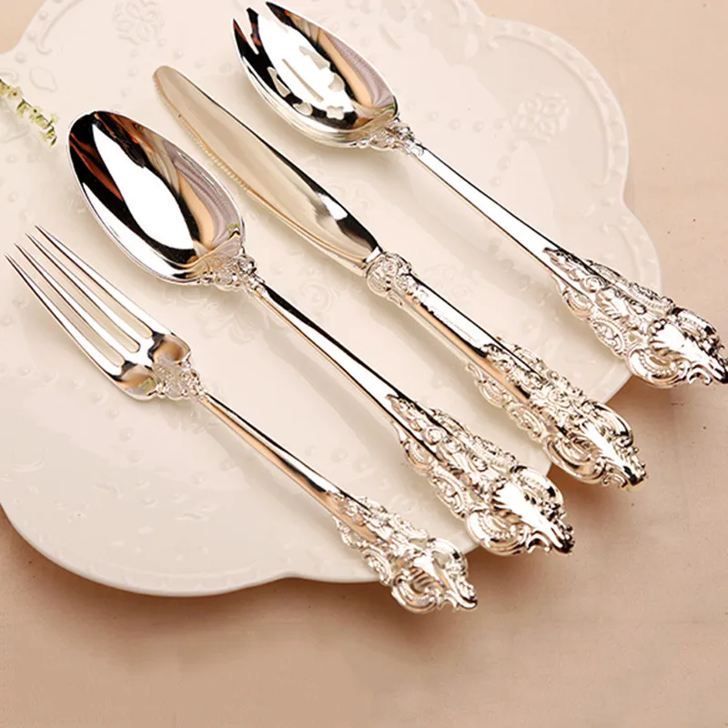 

Retro Silver Spoon Fork Set Western Style Dinnerware Stainless Steel Cutlery High Quality Tableware Dinner Package European Styl