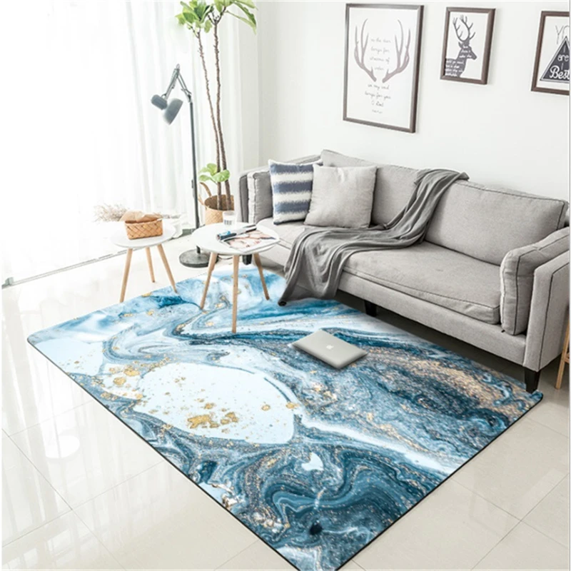 

AOVOLL Fashion Nordic Abstract Blue Sea Marbled Gold Pattern Carpet Anti-slip And Anti-wrinkle Carpet Kids Room Bedroom Rugs