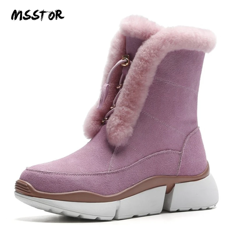 

MSSTOR 2018 New Cross-tied Snow Boots Women Pink Fashion Rubber Platform Wedge Boots Plush Round Toe Booties Womens Boots Ankle