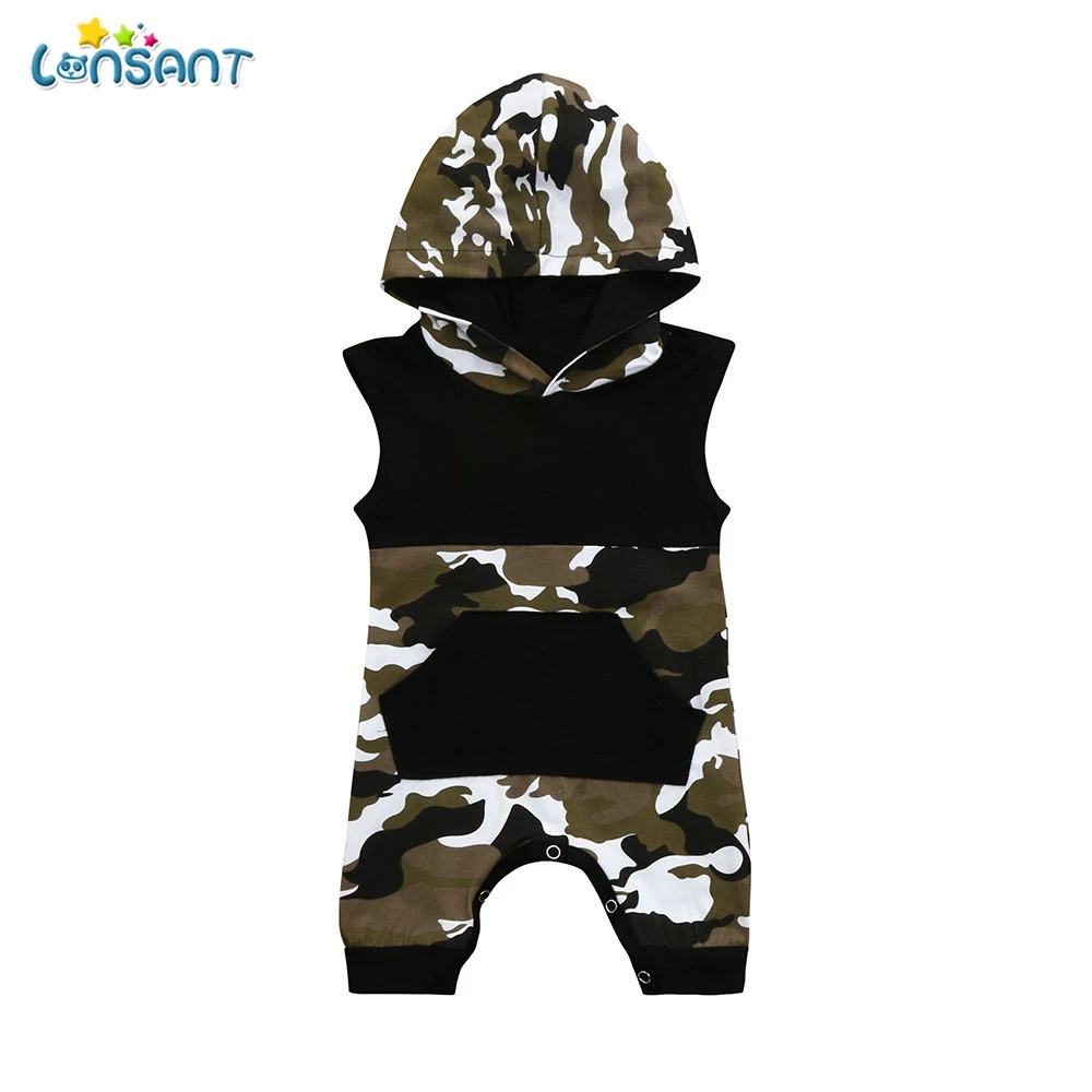 

LONSANT Hot Selling Summer Toddler Newborn Baby Sleeveless Black Camouflage Hoodie Pocket Boys Jumpsuit Romper Outfits