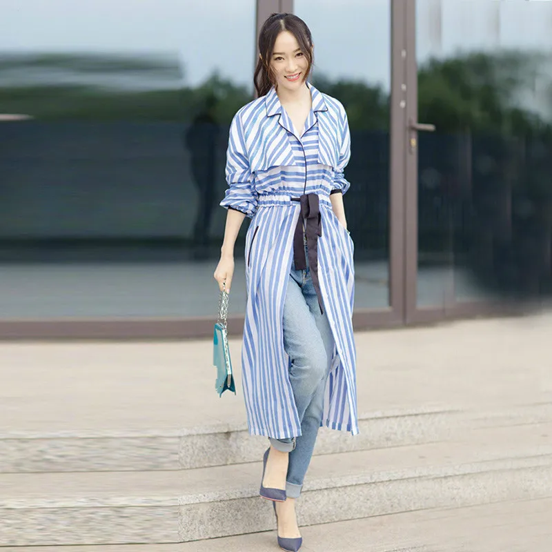

[EWQ] 2019 spring autumn new pattern laepl nine sleeve single breasted striped patchwork casual windbreaker women AG31805S