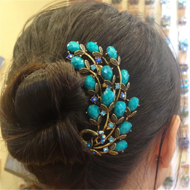 

Vintage Resin&Crystal Rhinestone Peacock Hair Combs Antique Bronze Hair Clips Hairpins Headdress Exquisite Hair Jewelry Women