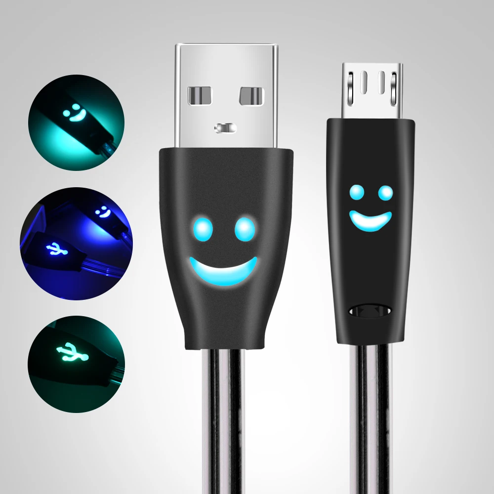 المصغّر USB كابل الوجه المبتسم مصباح LED متوهج ضوء سريع تهمة USB كابل بيانات لسامسونج فون الهاتف المحمول USB شحن الكابلات