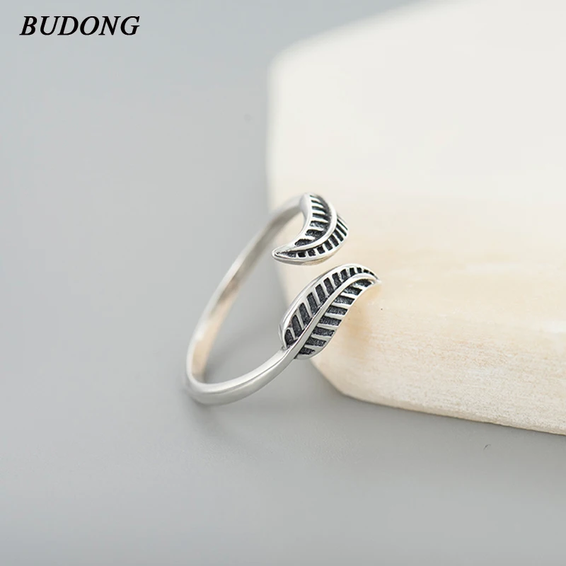 

BUDONG Korean Style Elegant 100% 925 Sterling Silver Rings Women Open Ring Leaf Sterling Silver Jewelry Wedding Gift XURT153
