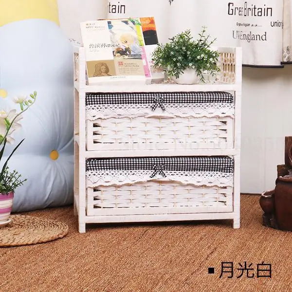 Two-layer white rattan storage cabinet drawer-style pastoral modern minimalist wooden bedroom bedside table - Цвет: VIP 1