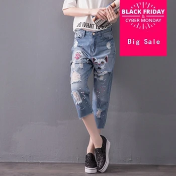 

2019 Fat MM new spring summer Cowboy calf-lenghth pants Korean Style Casual Holes plus size Loose denim Pants G199