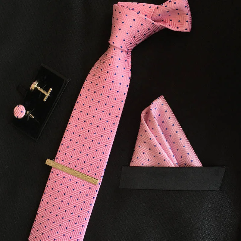 Высокое качество Мужские шелковые галстуки 8 см галстук и запонки и зажим для галстука+ носовые платки с 4 комплектами gravatas жаккард полосатый Свадебный Лот - Цвет: 2