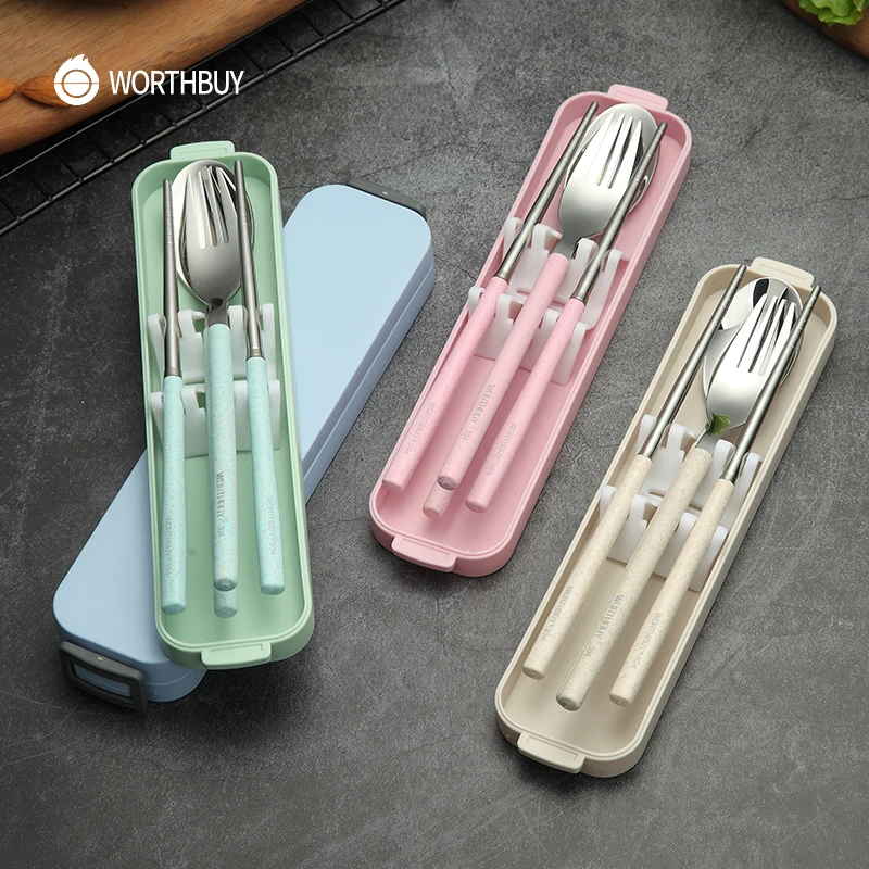 

WORTHBUY Portable Travel Tableware Set 304 Stainless Steel Dinnerware Set With Wheat Straw Handle Box Kitchen Cutlery Dinner Set