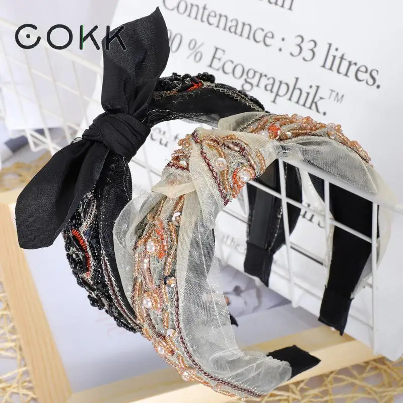 

COKK Retro Rhinestones Lace Hair Bands Hoop Large Wide Bowknot Hairbands Headband For Women Headdress Hair Ornaments Hair Bow
