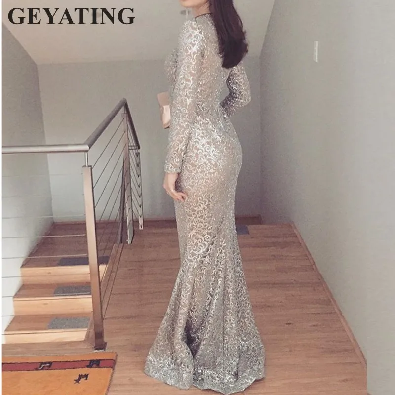Shiny Silver Sequins Dubai Mermaid Evening Dress Long Sleeves Arabic Formal Prom Dresses 2019 Gold Bodycon Maxi Dress Party Gown
