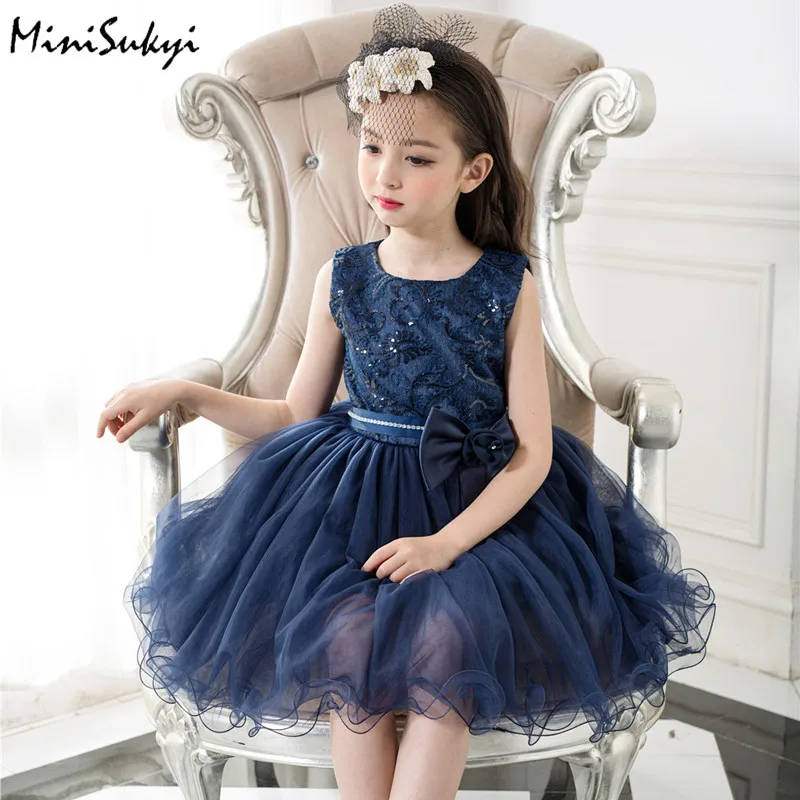Girls Dresses for Party and Wedding 2017 Navy Blue Lace Flower Girl Princess Costume With