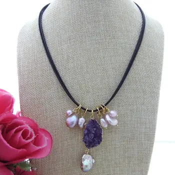 

N110306 18" Purple Keshi Pearl Druzy Pendant Cord Necklace