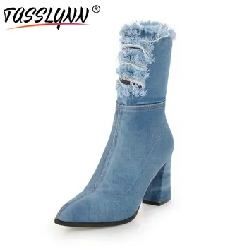 

TASSLYNN 2018 Ladies Boots Denim Women Autumn Shoes Hoof Heels Women Boots Pointed Toe Mid-Calf Casual Shoes Plus Size 34-43