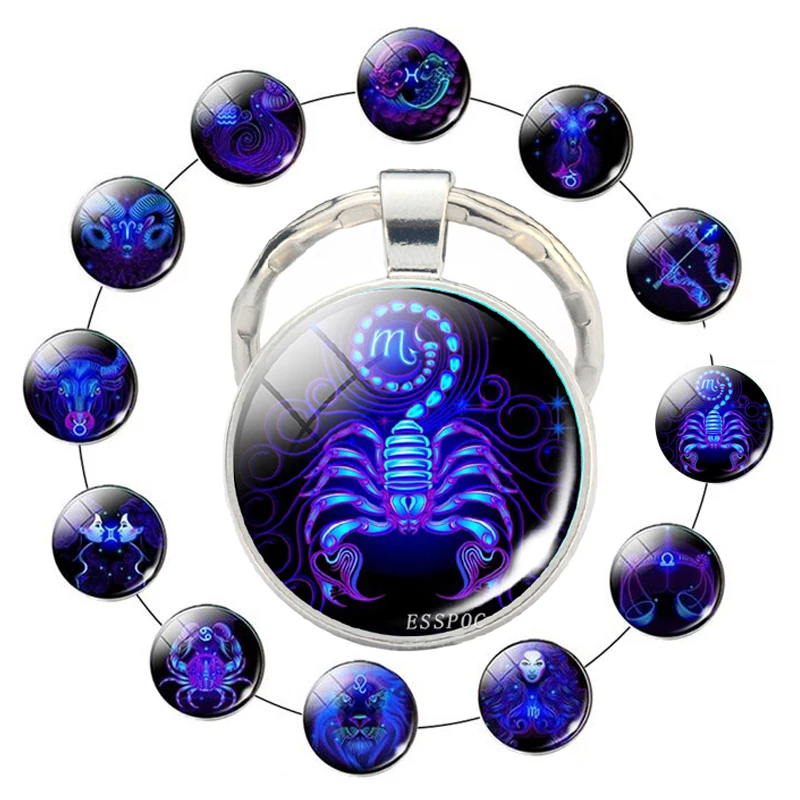 

12 Zodiac Sign Scorpion Lion Glass Metal Keychain Women Men Couples Keychain Car Key Holder Rings Fashion Astrology Gifts