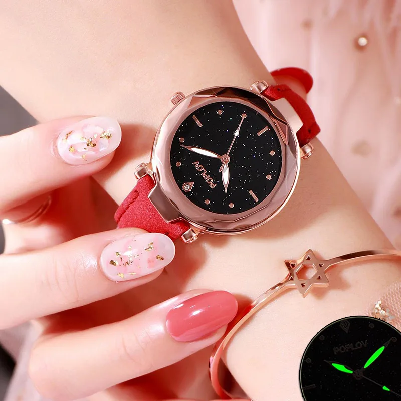 

Starry Sky Watch Women Quartz Luminous Creative Ladies Watches Geometry Crystal Rose Gold Relogio Feminino Causal Flower Mirror