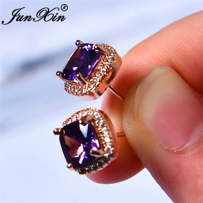 JUNXIN реальные фотографии фиолетовый/желтый/зеленый циркон квадратные серьги гвоздики для женщин розовое золото Заполненные свадебные серьги камень ювелирные изделия
