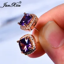 JUNXIN реальные фотографии фиолетовый/желтый/зеленый циркон квадратные серьги гвоздики для женщин розовое золото Заполненные свадебные серьги камень ювелирные изделия