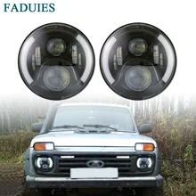 Faduies 2Psc 7 дюймов светодиодные фары H4 H13 Hi-Lo с Halo глаза ангела для lada 4×4 городской Нива джип JK Land Rover Defender Hummer