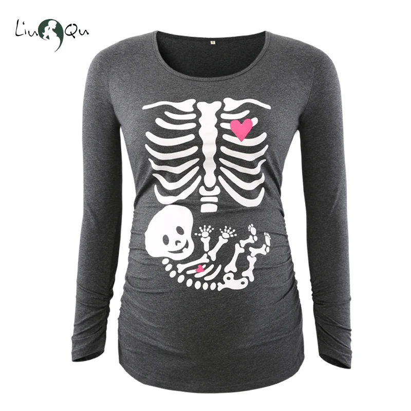 

Funny pregnancy shirts print skeleton maternity tops for pregnant women long sleeve soft cotton t-shirts plus size tees wholsale