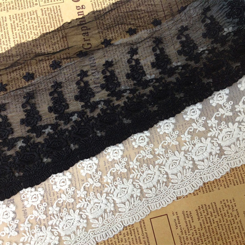 

5 yard 14cm 5.51" wide black/ivory/beige mesh embroidery lace trim ribbon 20389-8L4K614