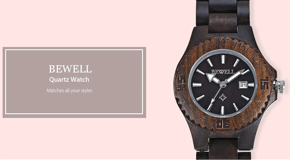 BEWELL ZS - W020A Women Wooden Quartz Watch Nail Scale Calendar Wristwatch