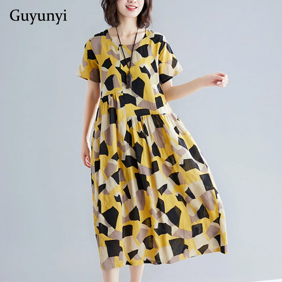

2019 Summer Cotton Linen Dress Ethnic Style Print Vintage Dress Loose Hem Simple Comfortable Plus Size Women's Dresses