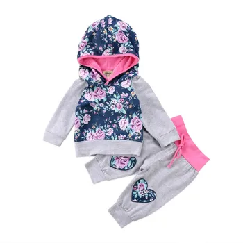 

2Pcs Newborn Infant Baby Girls Floral Heart Print Clothes Set Hooded Sweatshirts Tops Long Pants Casual Kids Outfits Clothing