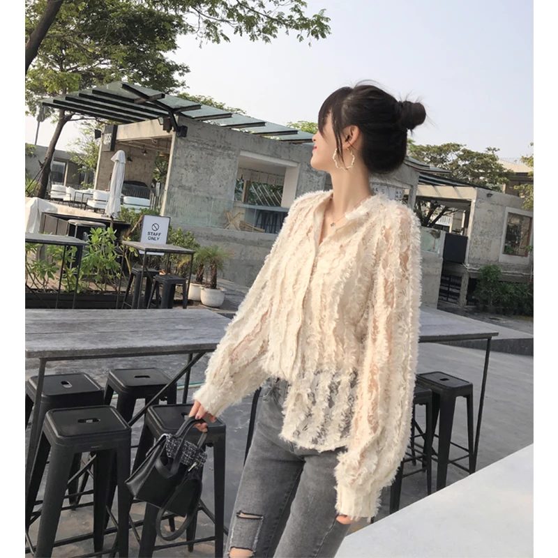 

Mishow lace blouse tasell mesh stand collar cute women shirt 2019 spring and summer two-pieces loose design top MX19A4757