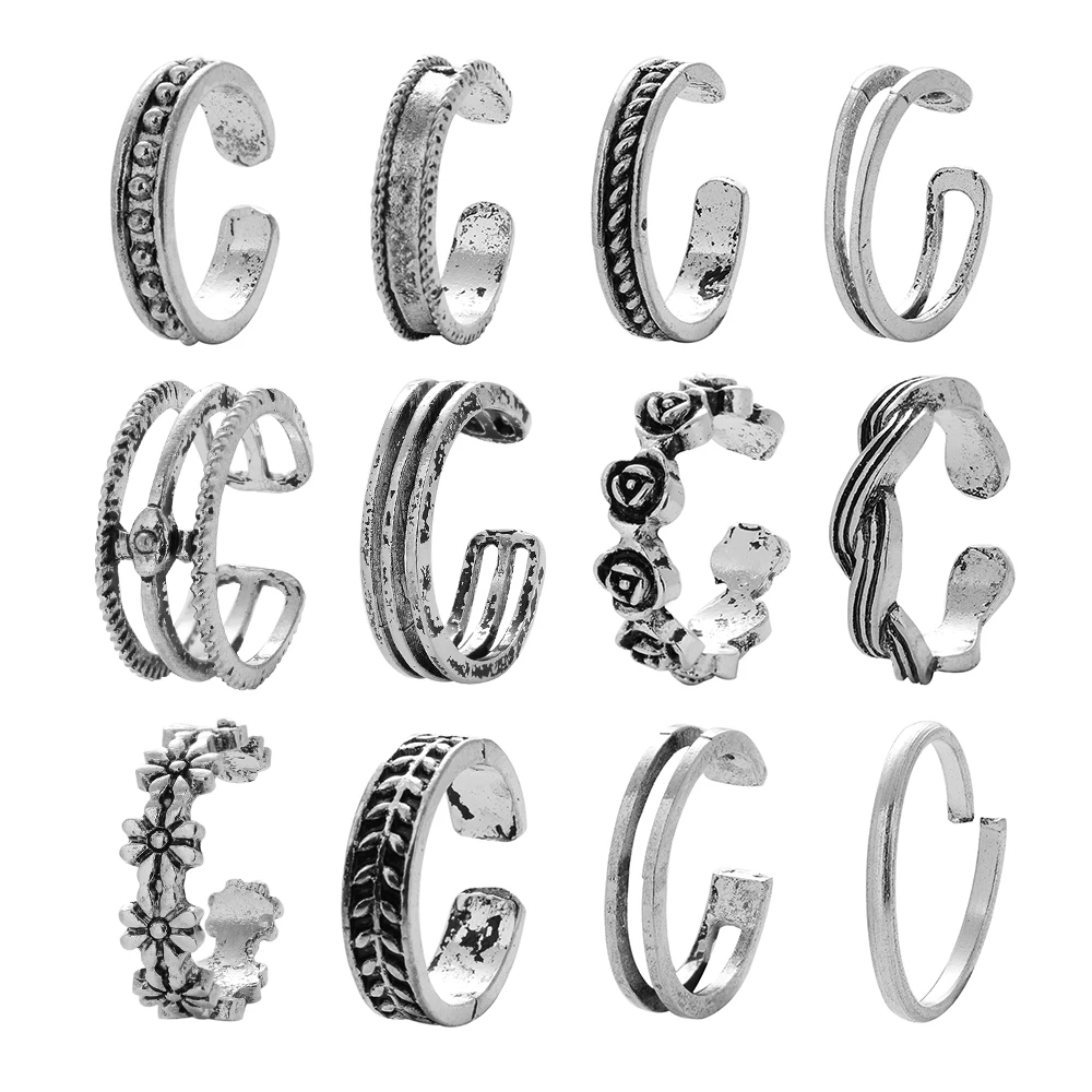 

12Pcs/lot Adjustable Carving Floral Open Band Toe Finger Rings Retro Beach Rings Fashion Jewellery