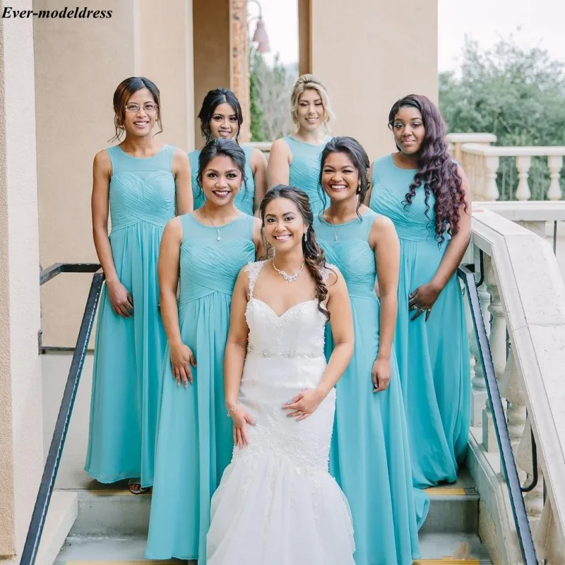 

Simple Bridesmaid Dresses Cheap Chiffon A-Line Floor Length O-Neck Lace Up Back Long Prom Party Gowns Wedding Guest Dresses