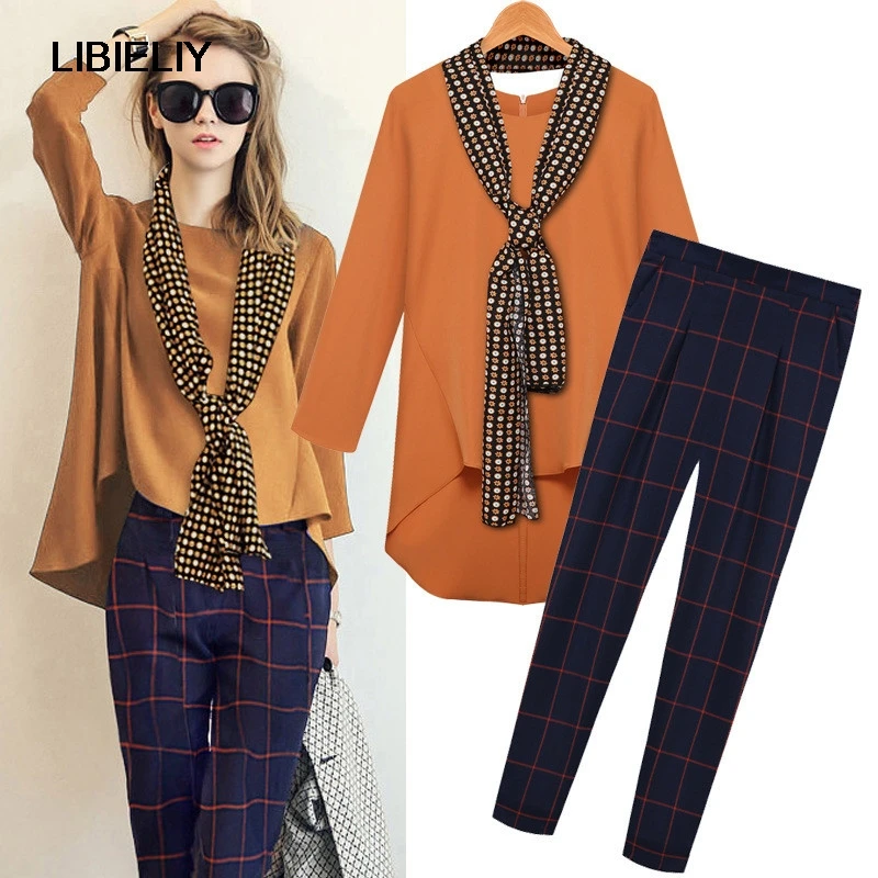 

Spring New Vogue Loose O-neck Chiffon Tops With Houndstooth Pants Suit Fashion Women Sets With Scarf Casual Women Sets TT588