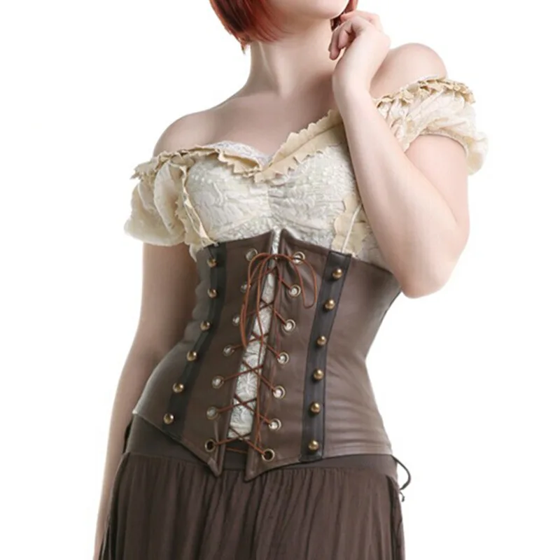 

2019 Sexy Gothic Steampunk Faux Leather Corset Underbust Brown Body Shaper Corselet Bustier Corsage Lace Front For Women S-XXL