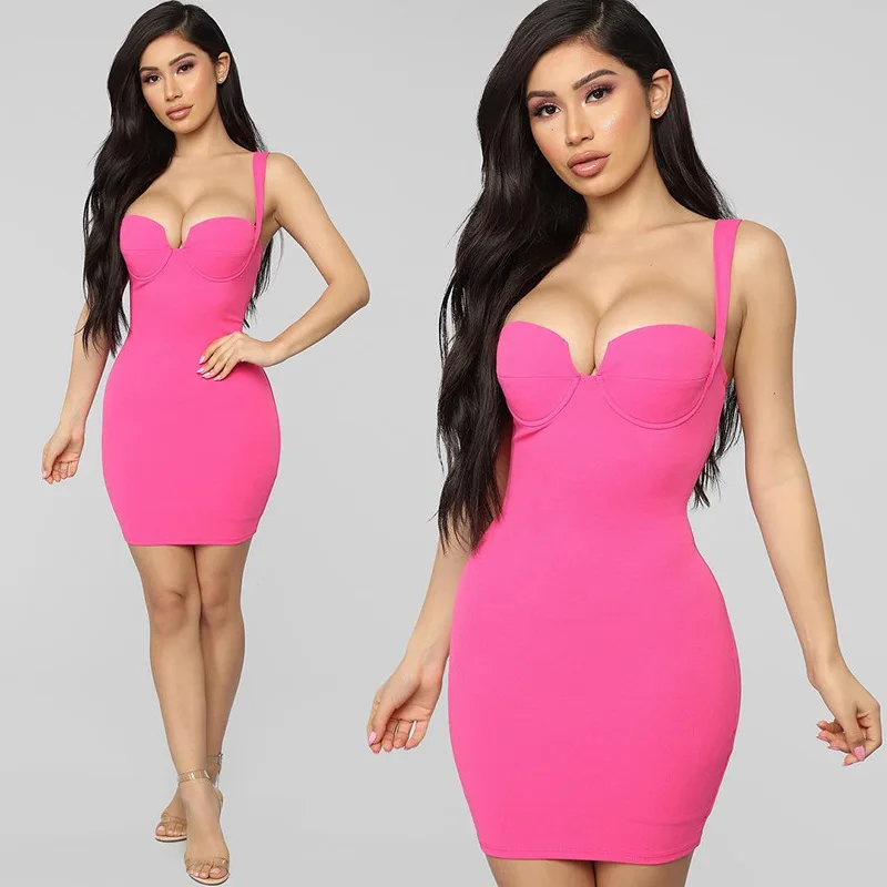 

2019 Summer new Bao hip party party sling V collar dress Sexy chest slimming Sleeveless Knee-Length Spaghetti Strap Square