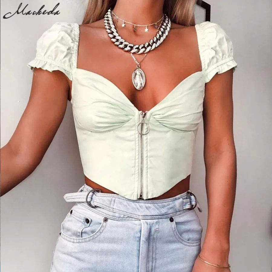 

Macheda Sexy V Neck Zipper Low Bust Pleated Short T Shirts Ruffles Ultrashort Sleeve Backless Top Girls Cropped Top Tee 2019