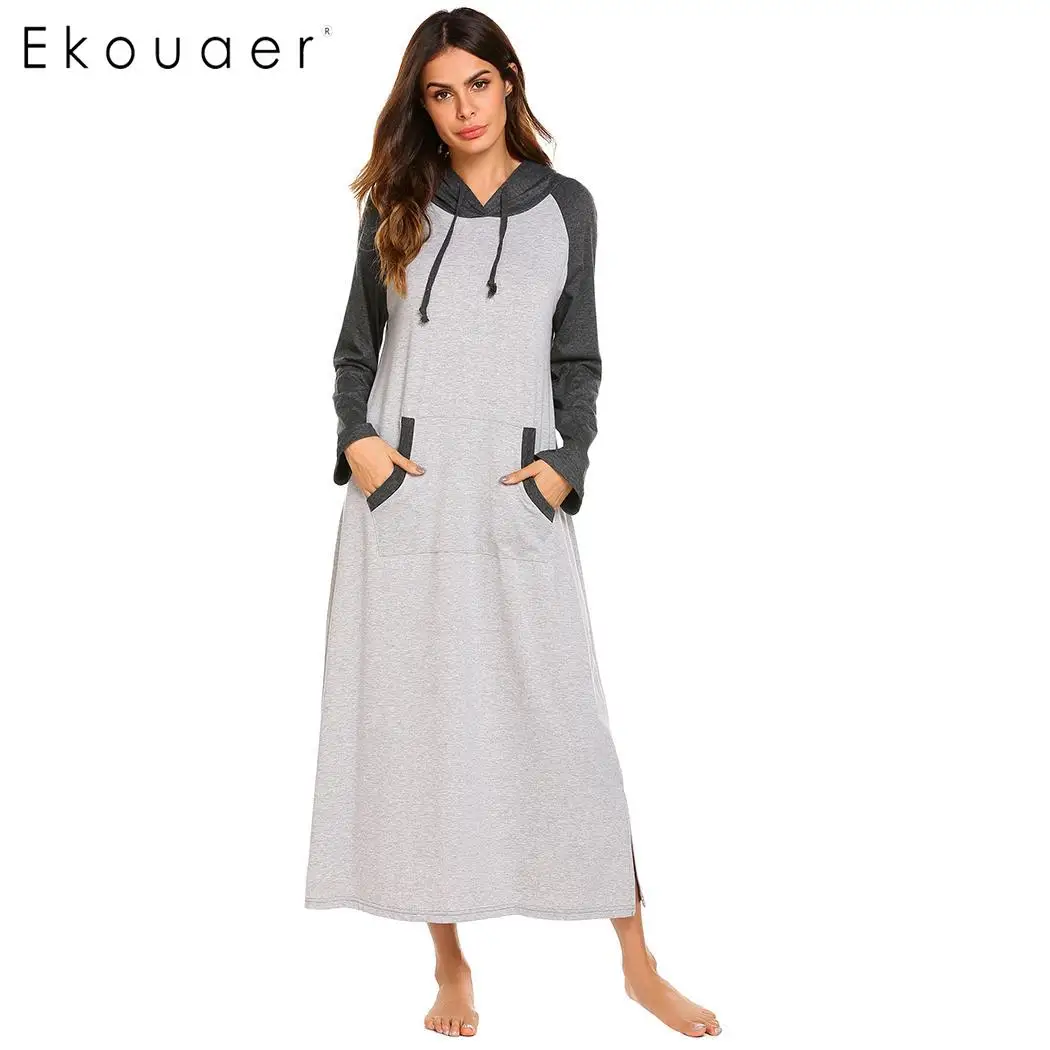 

Ekouaer Sleepwear Chemise Nightdress Casual Solid Long Sleeve Women Hooded Long Sleepshirts Nightgown Female Homewear Plus Size