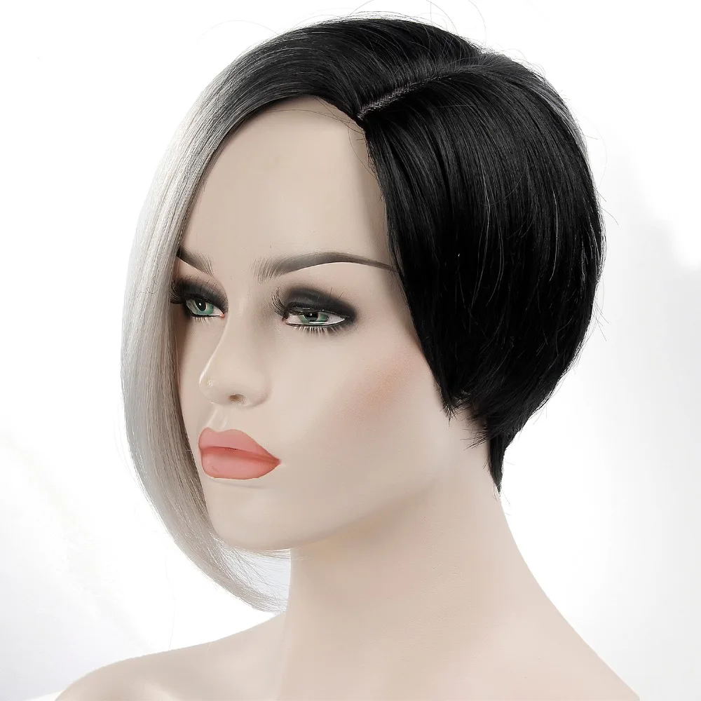 Pelucas negras cortas para mujeres pelucas de pelo sintético mujer fibra resistente al calor Color mezclado Ombre gris peluca Cosplay Pelucas negras cortas para mujeres pelucas de pelo sintético mujer fibra resistente al calor Color mezclado Ombre gris peluca Cosplay