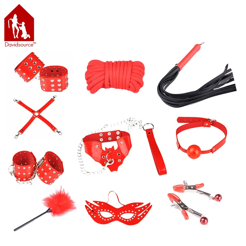 

Davidsource Red Outfit Mask Gag Collar Nipple Clamps Handcuffs Ankle Cuffs X-Buckle 10 Meters Rope Whip Feather Stick