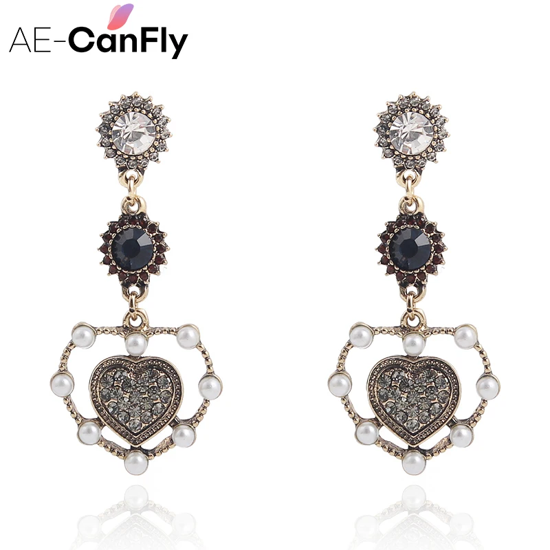 

AE-CANFLY 2018 Vintage Colorful Crystal Statement Earrings pendientes Jewelry Temperament Double Lover Heart Long Earring brinco