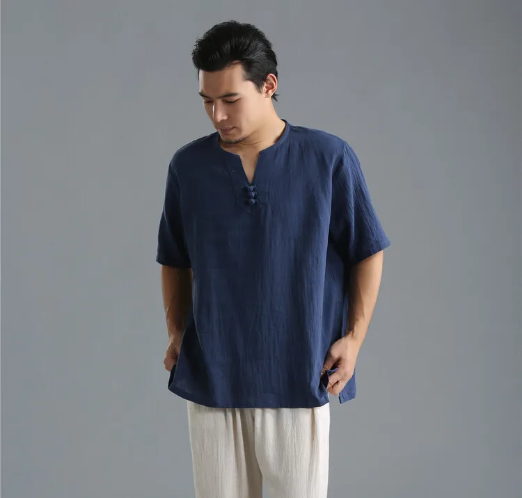 Новые летние модные ретро V CollarThin стиральная хлопок белье мужские рубашки для мальчиков короткий рукав синий Женская сорочка Hemden 4 цвета