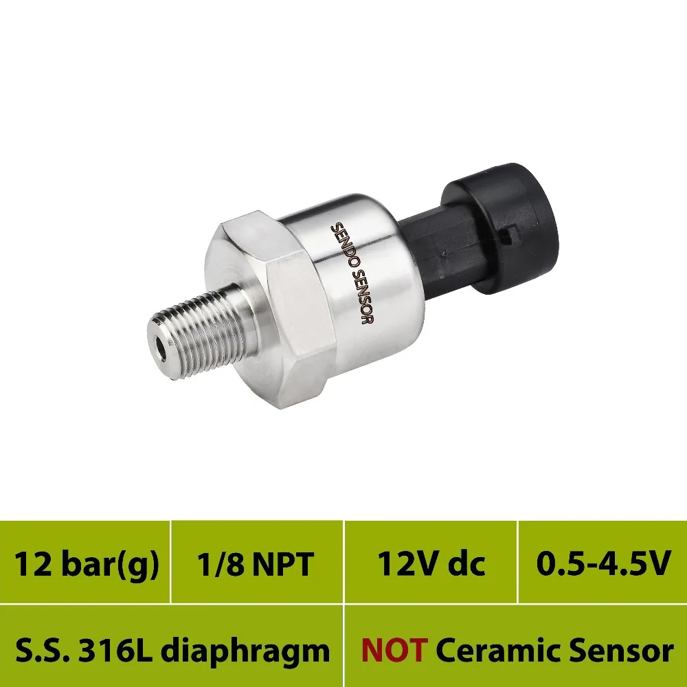 

0 12 bar pressure sensor transmitter 0.5 4.5V, stainless steel 316L diaphragm, oil-filling, 1/8"NPT thread, water, air, 12Vdc