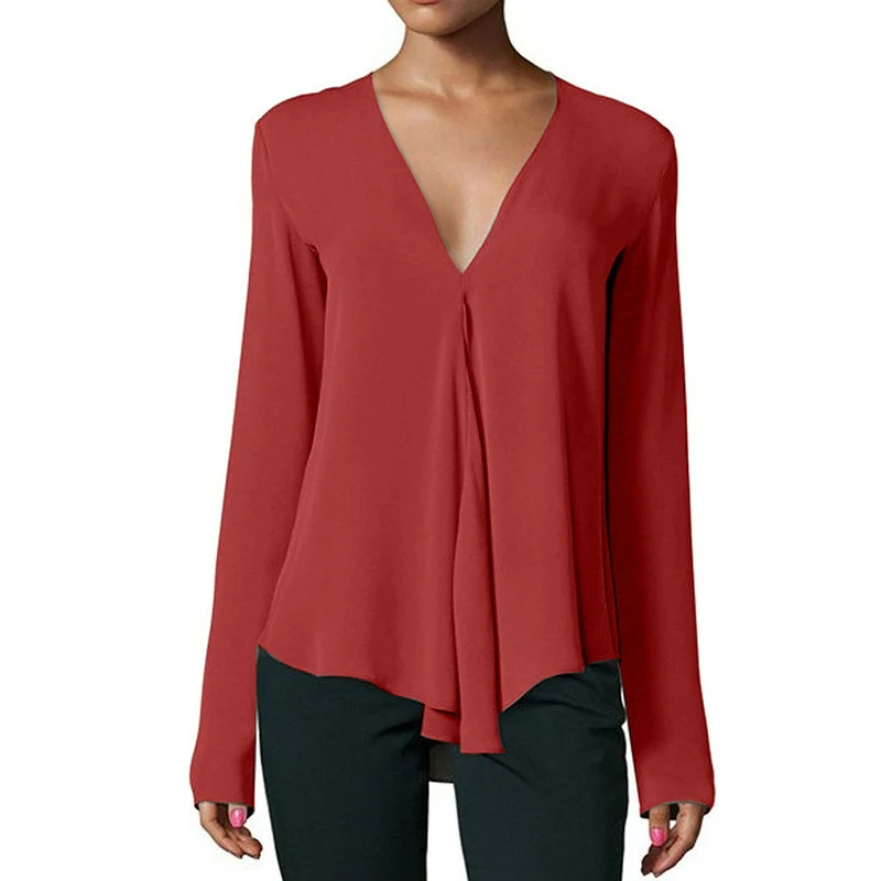 

Fashion Women's Top Shirts Summer Long Sleeve Solid Chiffon Tops For Female Ladies Casual V-Neck White Blusas Plus Size S-6XL