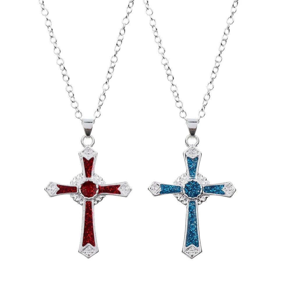 

1Pc Crystal Blue Opal Cross Pendant Necklace Charm Women Trendy Jewelry Gift Opal Fashion Necklace Collares Mujer Kolye Jewelry