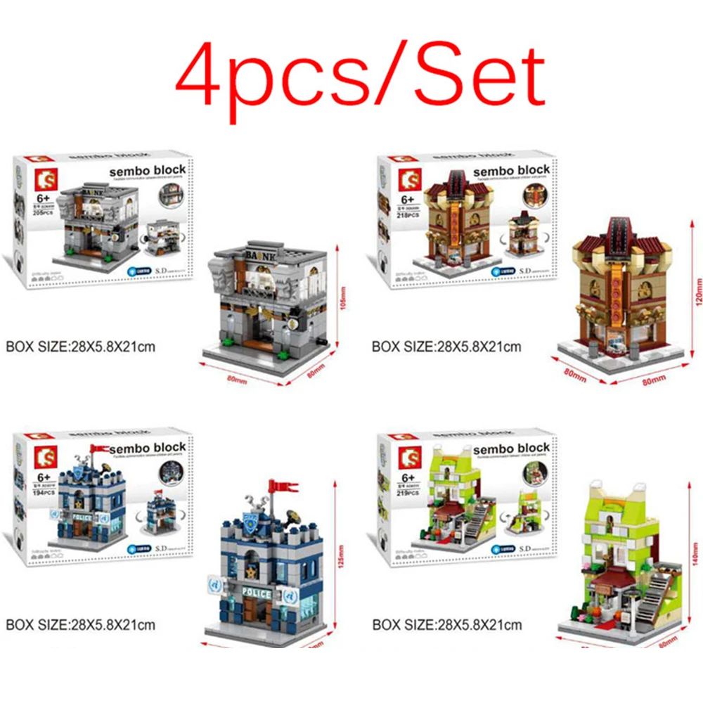 4pcs/Set Legoe City Toy Mini Street View Building Bricks Block With Light Bank Cinema Police Station Restaurant Ninjago Kid Gift