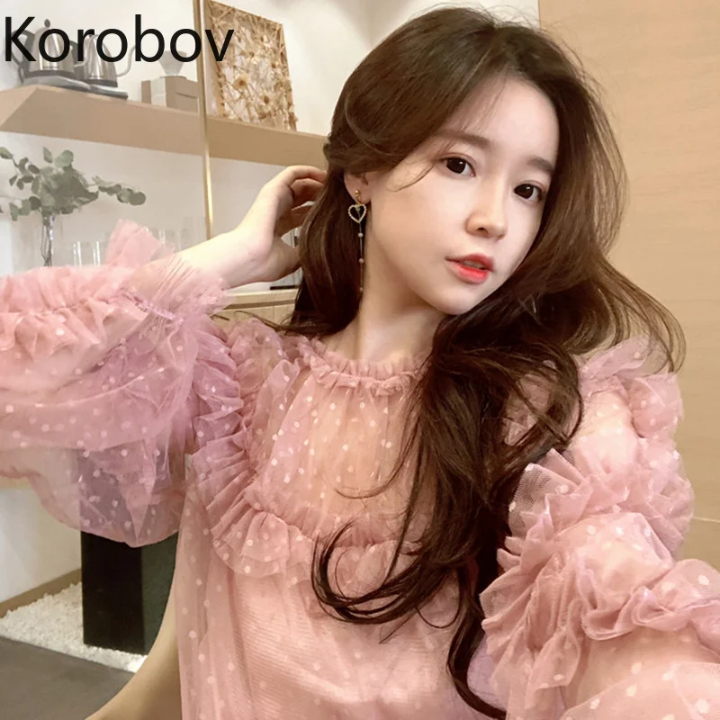 

Korobov Perspective Mesh Polka Dot Women Shirts Korean Ruffles Sexy Women Blouse O-Neck Long Sleeve Summer New Blouses 77400